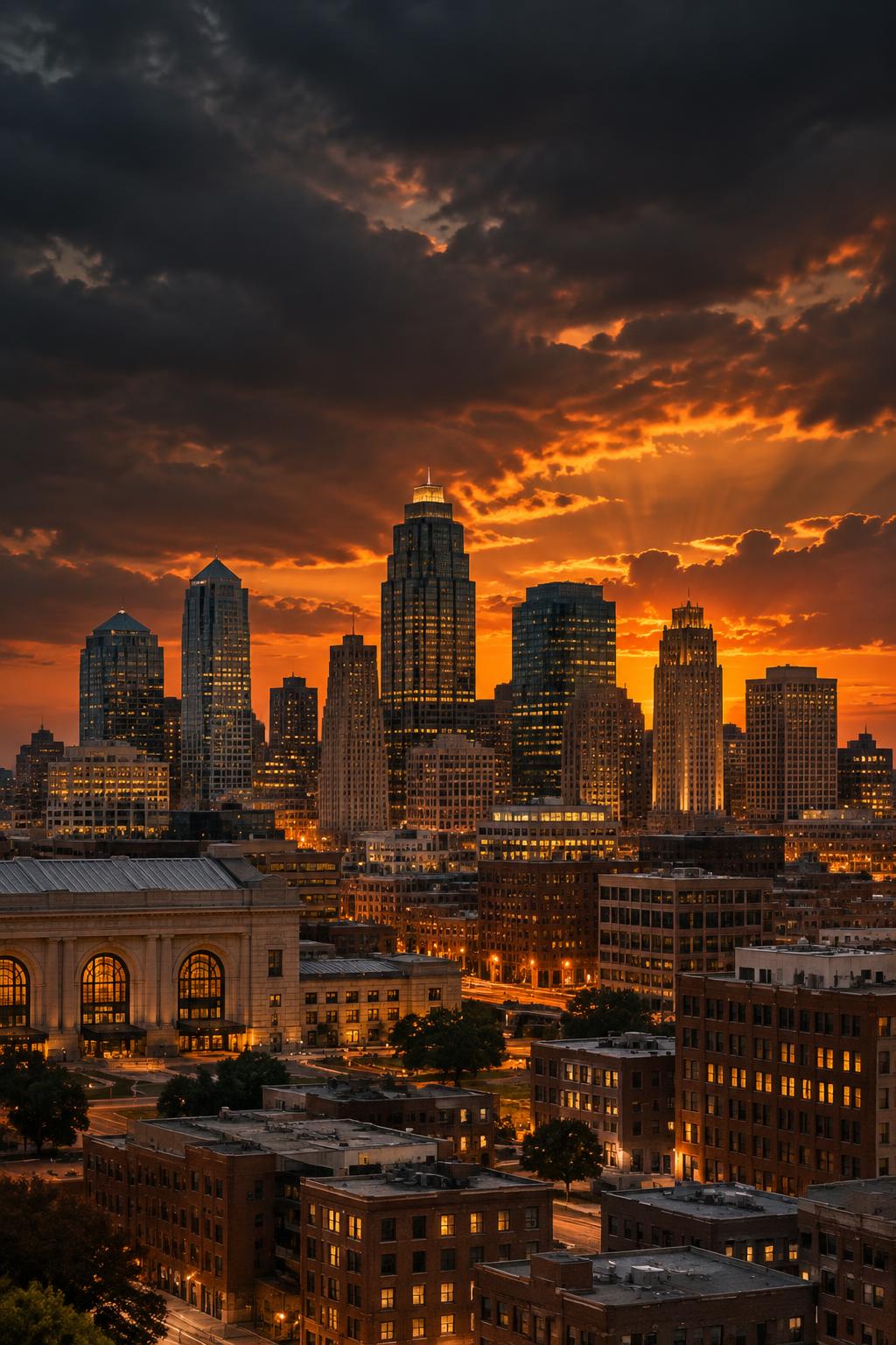 Kansas City skyline at sunset beneath dramatic clouds